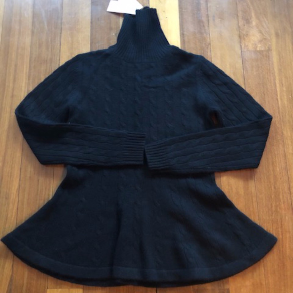 Gorgeous Black Cashmere Cable Knit Design Skater Sweater W Peplum & Turtleneck S